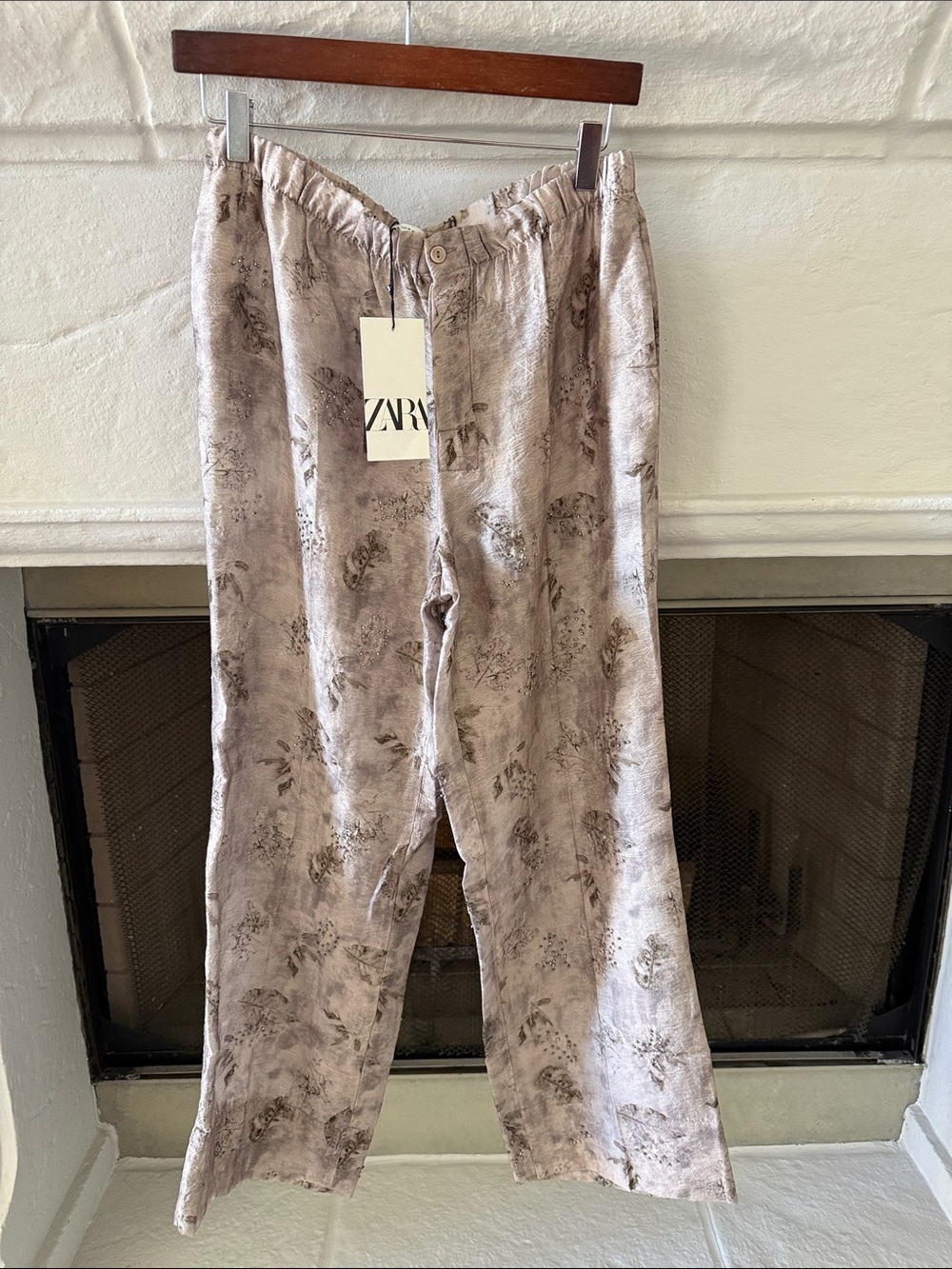 Zara Taupe Marble-Print Wide Leg Pants